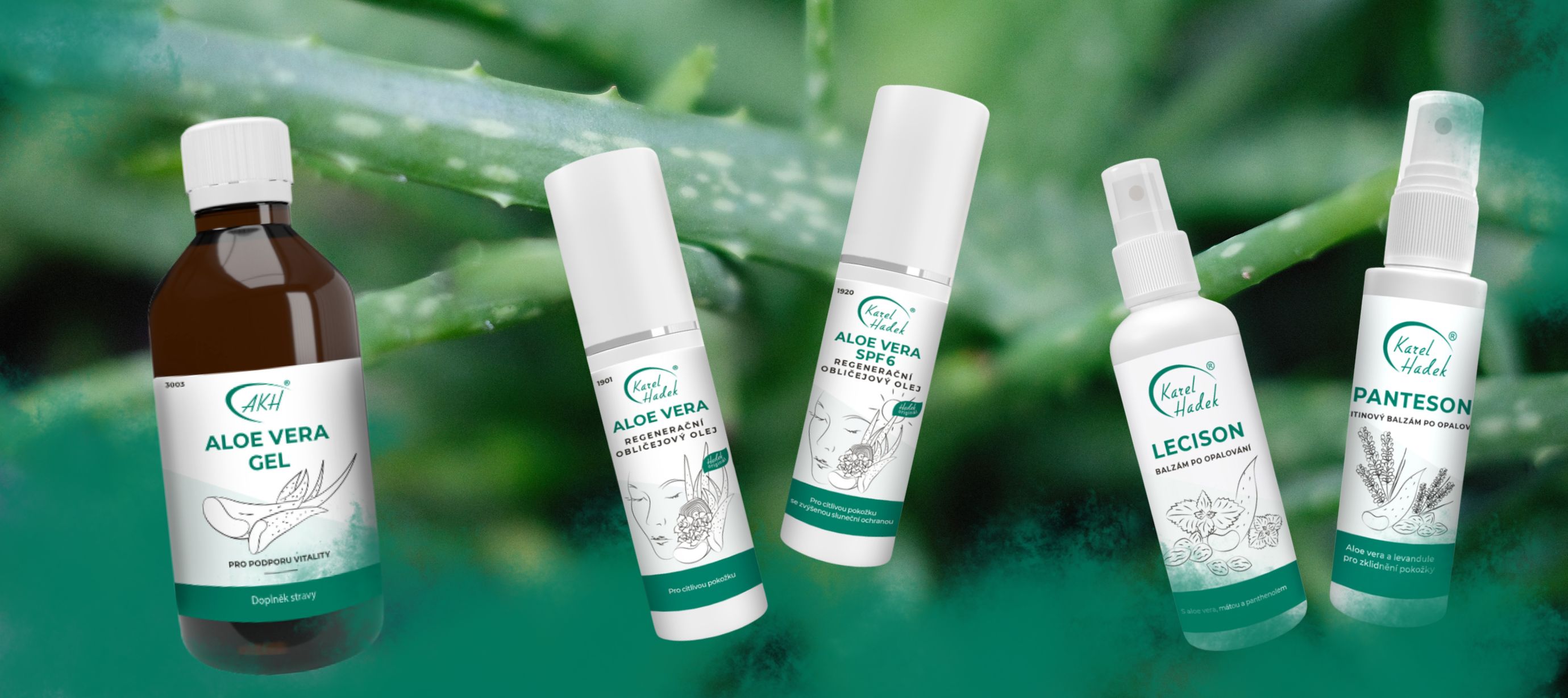 Koláž s přípravky AKH/Karel Hadek obsahující aloe vera