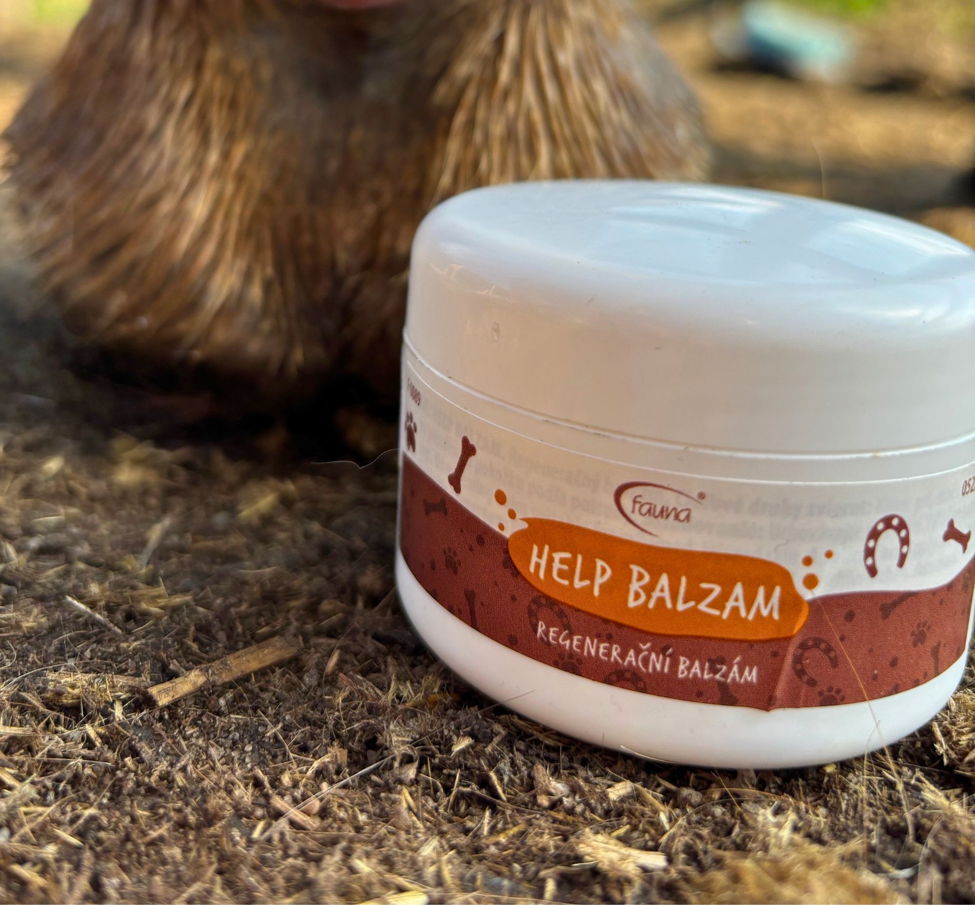 Produkt HELP BALZAM položený v trávě.