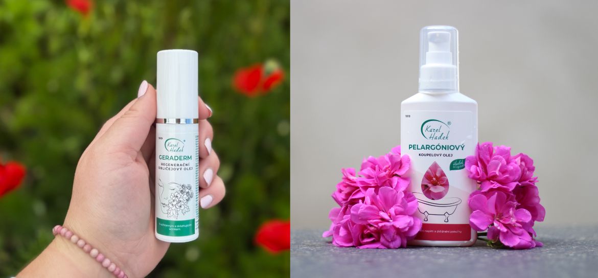 Na pravé straně je produkt Gothea Thea držený v ruce a na levé straně je koupelový olej pelargóniový