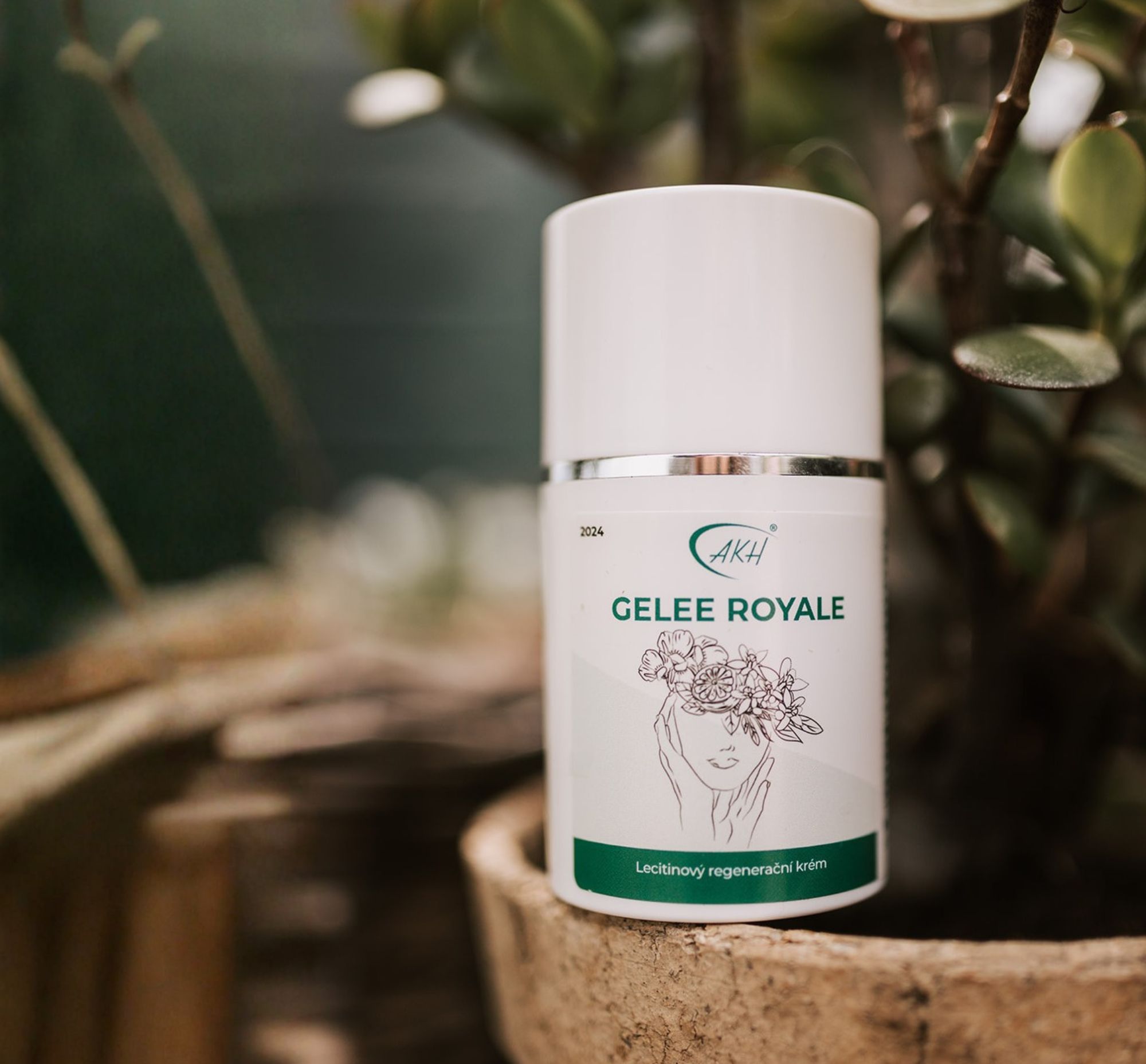 Krém s mateří kašičkou GELEE ROYALE položený na květináči s květinou.